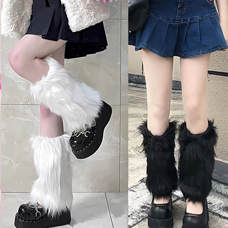 

Gothic Women Girls Harajuku Faux Fur Winter Furry Leg Warmer Stockings Y2K Lolita Cosplay Punk Warm Boots Cover Fall Leggings