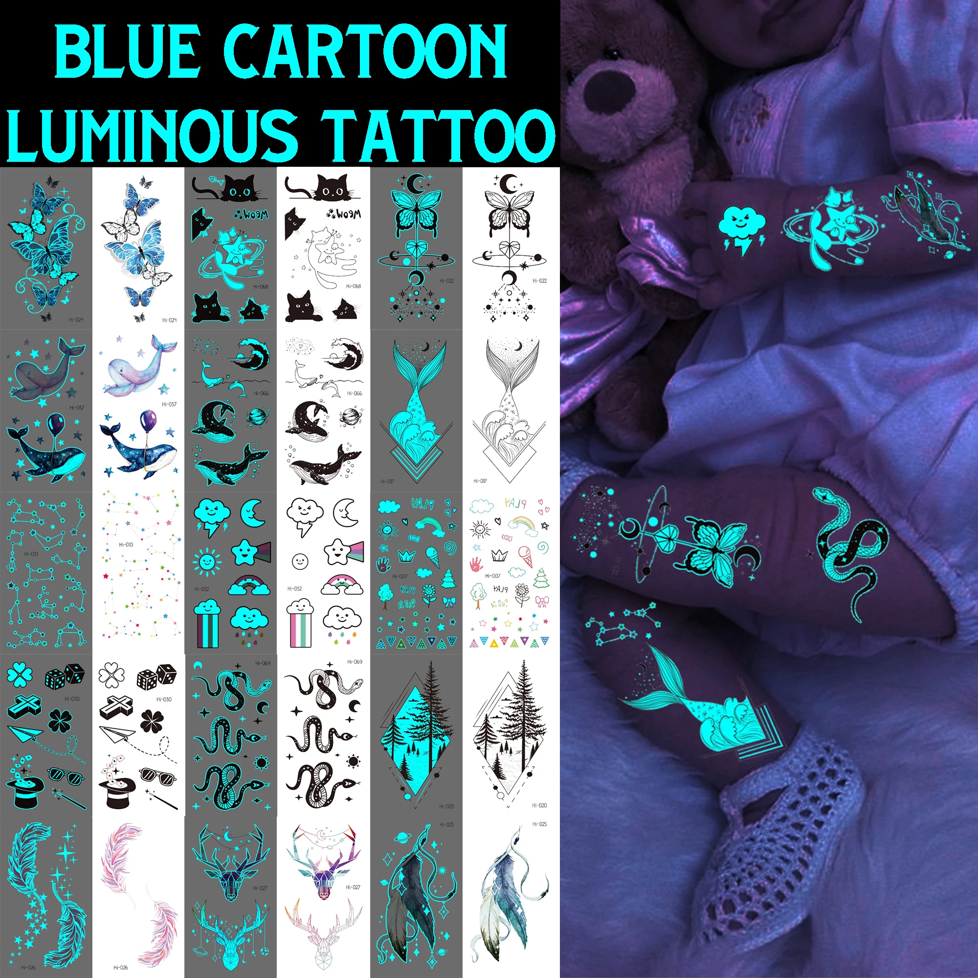 

3D Blue Glowing Feather Temporary Tattoos For Girls Women Adults Men Butterfly Snake Luminous Fake Tattoo Sticker Arm Tatoos