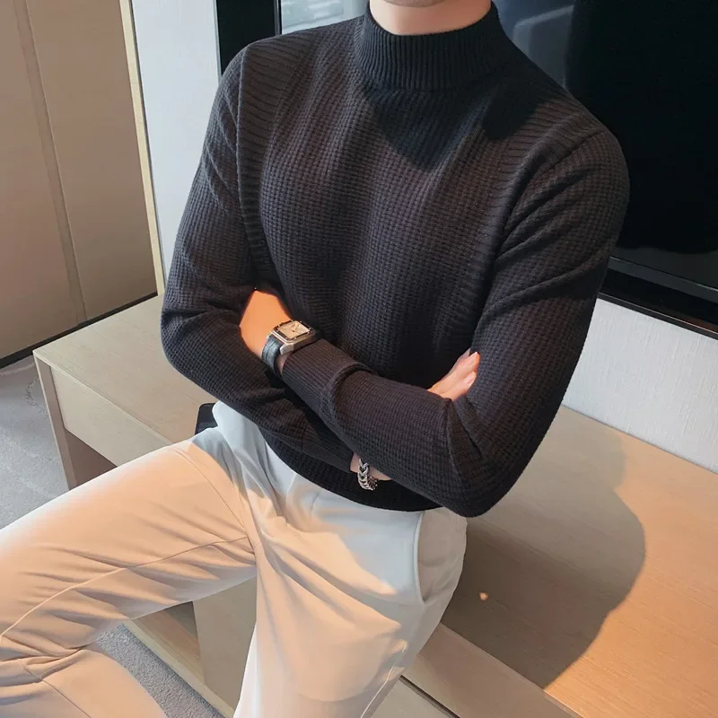 New Daily Sweater Men's Winter Thickened Sweater Half High  Neck Casual Slim Fashion Handsome Solid Color All-matching  Leggings