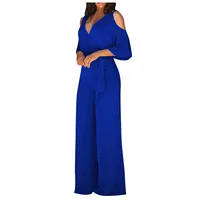 Jumpsuit Summer Pure Color Women Sexy Deep V Neck Short Sleeve Rompers Fashion Slim Fit Lace Up Elegant Female Wide Leg Jumpsuit - Image 2