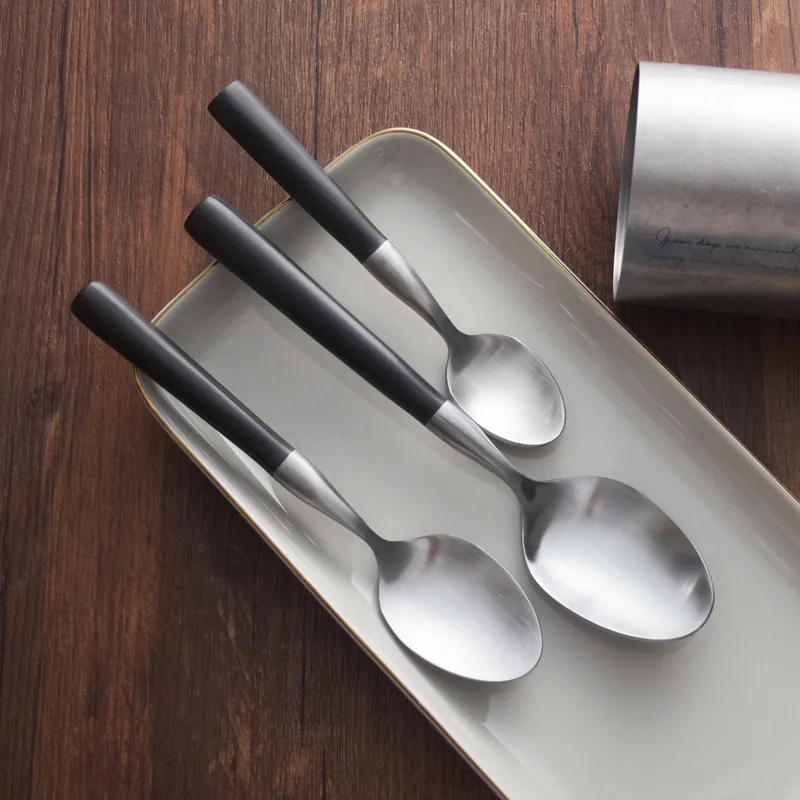 304 Stainless Steel Spoon Black Wooden Handle Spoons Retro Soup Spoon Dessert Coffee