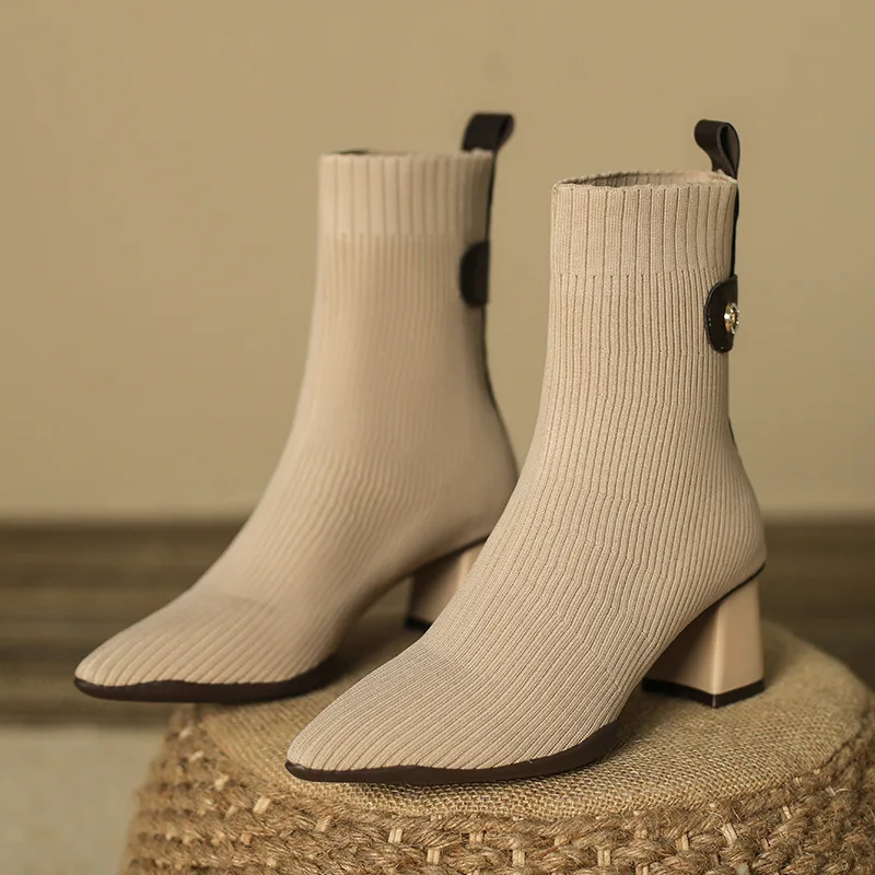 

Модные эластичные ботинки-носки с острым носком на массивном каблуке элегантные сапоги до середины икры 2023 Новое поступление повседневная женская обувь