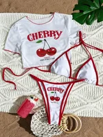 Cherry Print Mesh Short Sleeve Mini Bikini Female Swimsuit Women Swimwear Three-pieces Bikini Set Bathing Suit Swim Beachwear