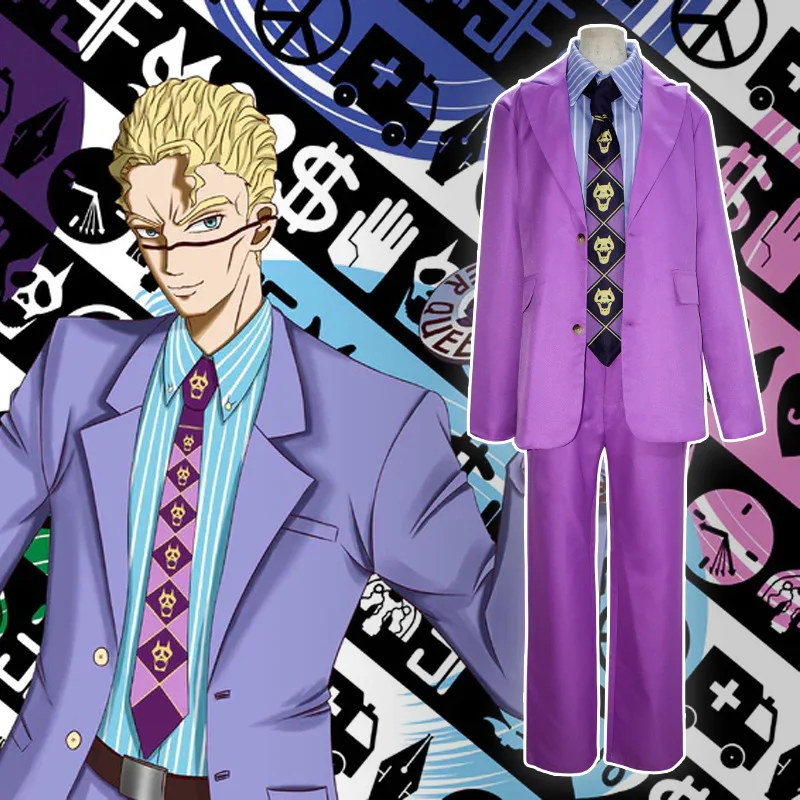 

JoJo Bizarre Adventure Anime Kira Yoshikage Cosplay Costume Man Halloween Suit Stripe Shirt Bowtie Purple Coat Pants
