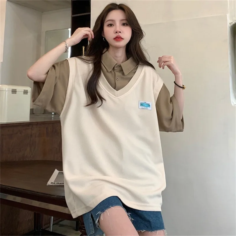 

Vintage Patchwork Print Loose Ins Tshirt Women's T-shirts Tops Japanese Kawaii Ulzzang Female Korean Harajuku Clothes For Women