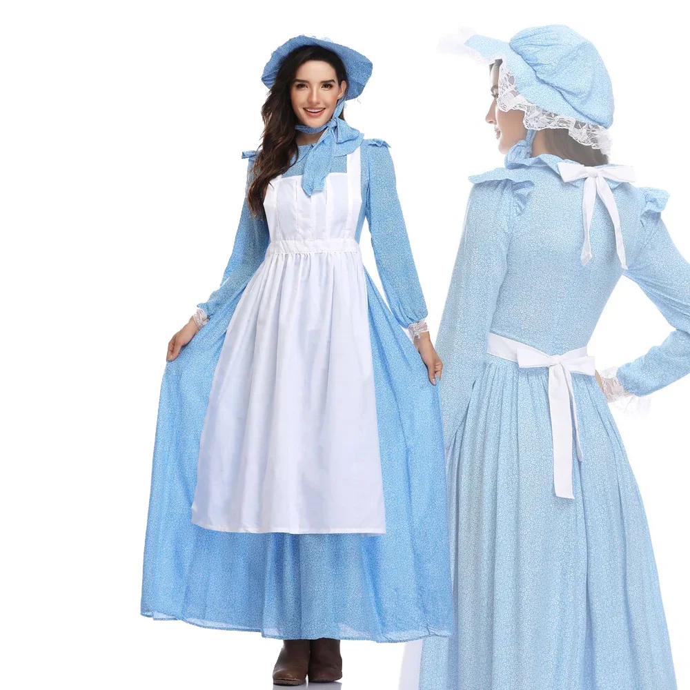 

New California Costumes Women's Pioneer Cosplay Halloween Idyllic Farm Apron Maid Costume Blue Fancy Dress Outfit Plus Size XL