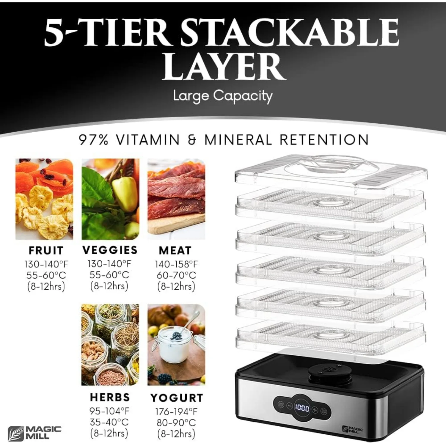 Food Dehydrator Machine 5 Stackable Stainless Steel Trays Jerky Dryer with Digital Adjustable Timer & Temperature Control