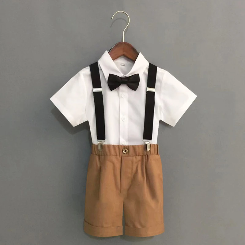 Summer Boys Strap Dress Suit Set New Children's Kindergarten Performance Piano Host Costume Kids Shirts Shorts Bowtie Clothing kids clothes