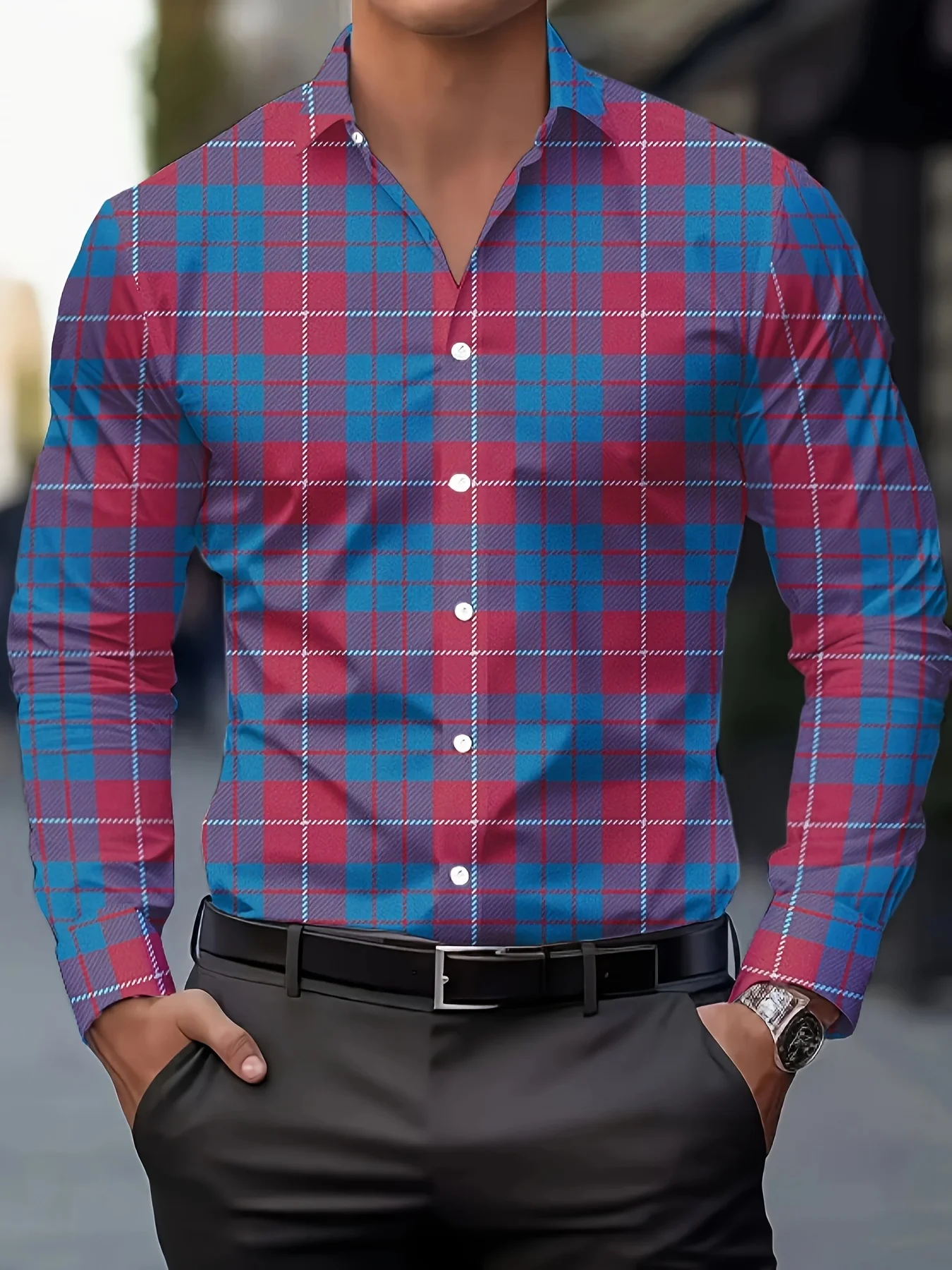 Men's Casual  Plaid Long Sleeve Shirt Stripe tops Breathable Button-Up lapel collar Business shirt Men's Clothing For Fall