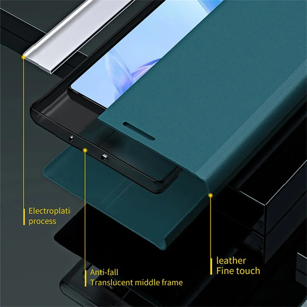 Premium Plating Flip Phone Case with Shockproof Stand and Leather Back Cover