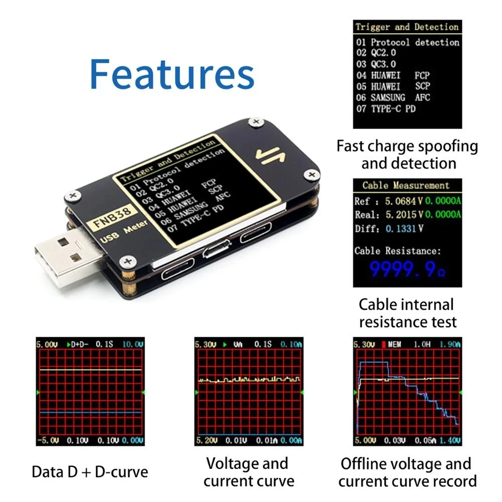 FNIRSI FNB38 전류 및 전압 측정기 USB 테스터 QC4+ PD3.0 2.0 PPS 고속 충전 프로토콜 용량 테스트
