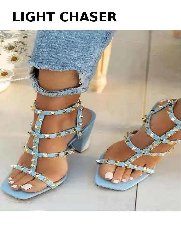 

2023 New Open Toe Roman Square Heel High Heels Sandals Women Summer Shoes Fashion Sexy Word Buckle Strap Ladies Shoes Female