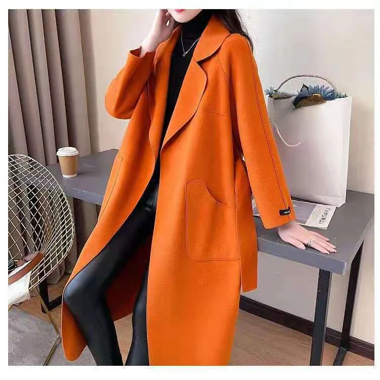 

Elegant Woolen Trench Coat Casual Loose Fashion Windbreaker Outerwear Lapel Solid Color Female Classical Belt Women V20