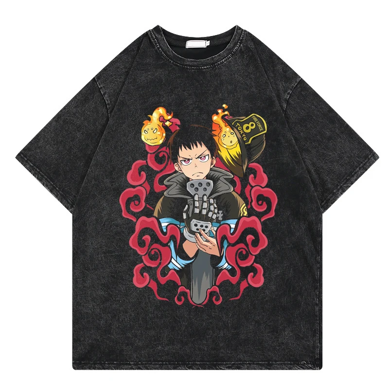 

Harajuku Fire Force Japanese Anime Printed O-Neck Summer Short Sleeve Women's T Shirt Black Streetwear Washed top