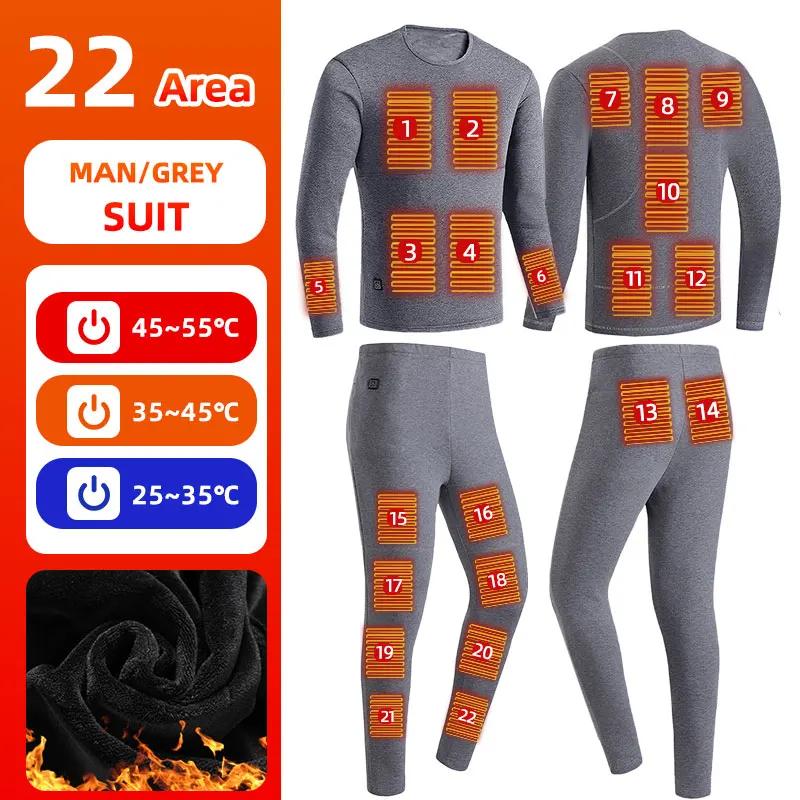 thumbnail image 1 of Conjunto de ropa interior con calefacción de 22 zonas para hombre y mujer, traje de invierno con calefacción, pantalón térmico para motocicleta con alimentación eléctrica por USB, 1 of 5