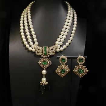 French vintage multi-layer pearl necklace set with diamonds delicate and elegant green silver stud earrings