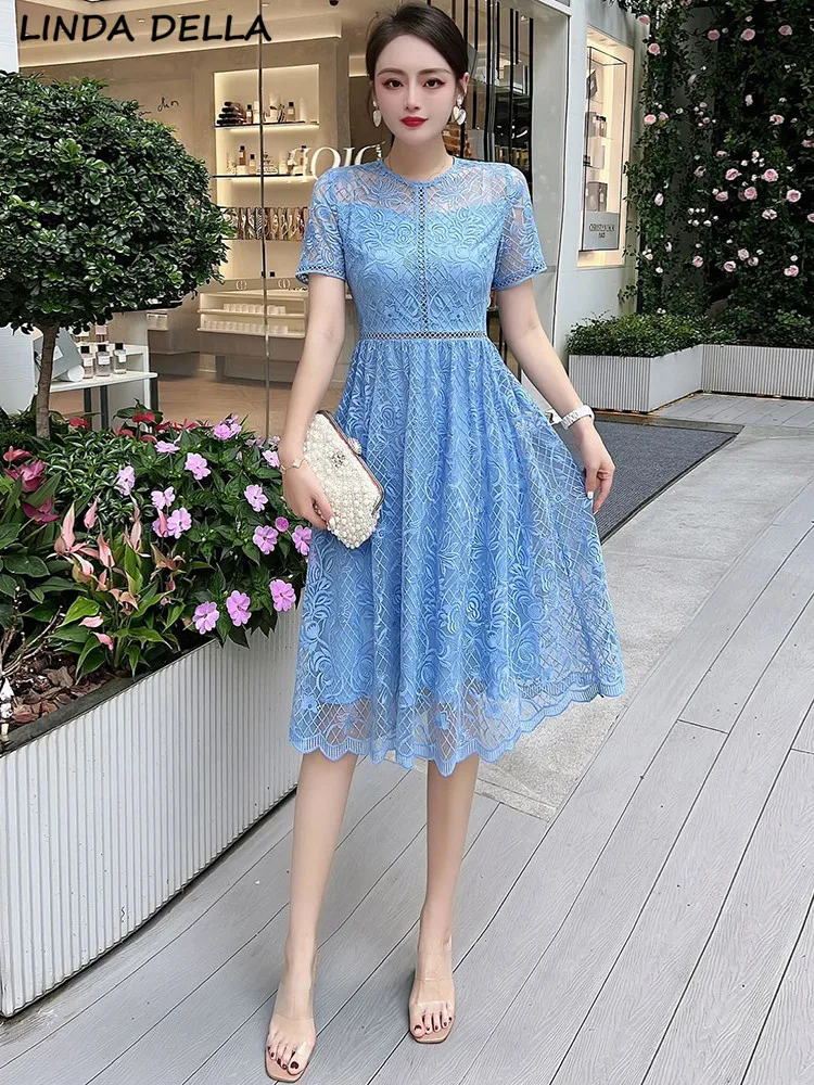 

LINDA DELLA Summer Fashion Designer Vintage Plaid Dress Women's O-neck Hollow out Embroidery Light Blue Perspective Midi Dress
