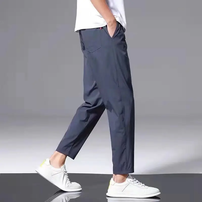 Spring Men Fashion Solid Color Elastic Waist Comfortable Casual Straight Cylinder Quick Drying Multicolor Ice Shreds Trousers