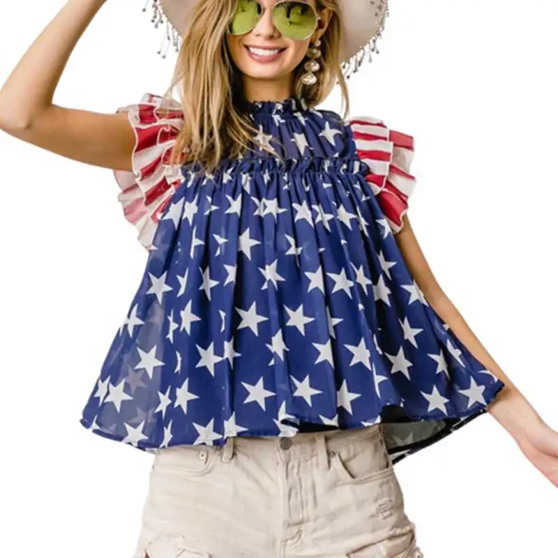 

Шифоновый топ с американским флагом и сборками, шифоновый топ в полоску со звездами, Повседневная футболка с коротким рукавом, женская одежда
