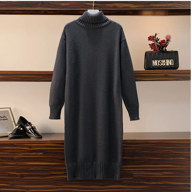 Knitted dress autumn and winter women's loose long sweater pullover turtleneck solid casual female - Image 3
