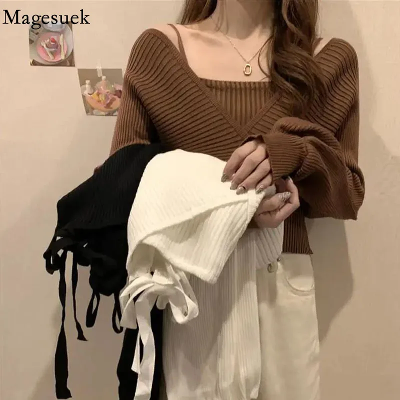 

Elegant Autumn Winter Korean Fashion Sweater Short Tops Lace-up Jumper V-Neck Pullover Sweater Knitted Women Y2k Clothes 23008