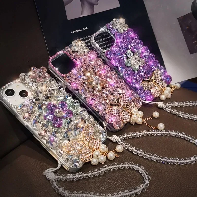Luxury Rhinestone Phone Cases for Women, Bling Diamond, Handmade Cellphone Covers, All Models, For iPhone 15, 14, 16, 13