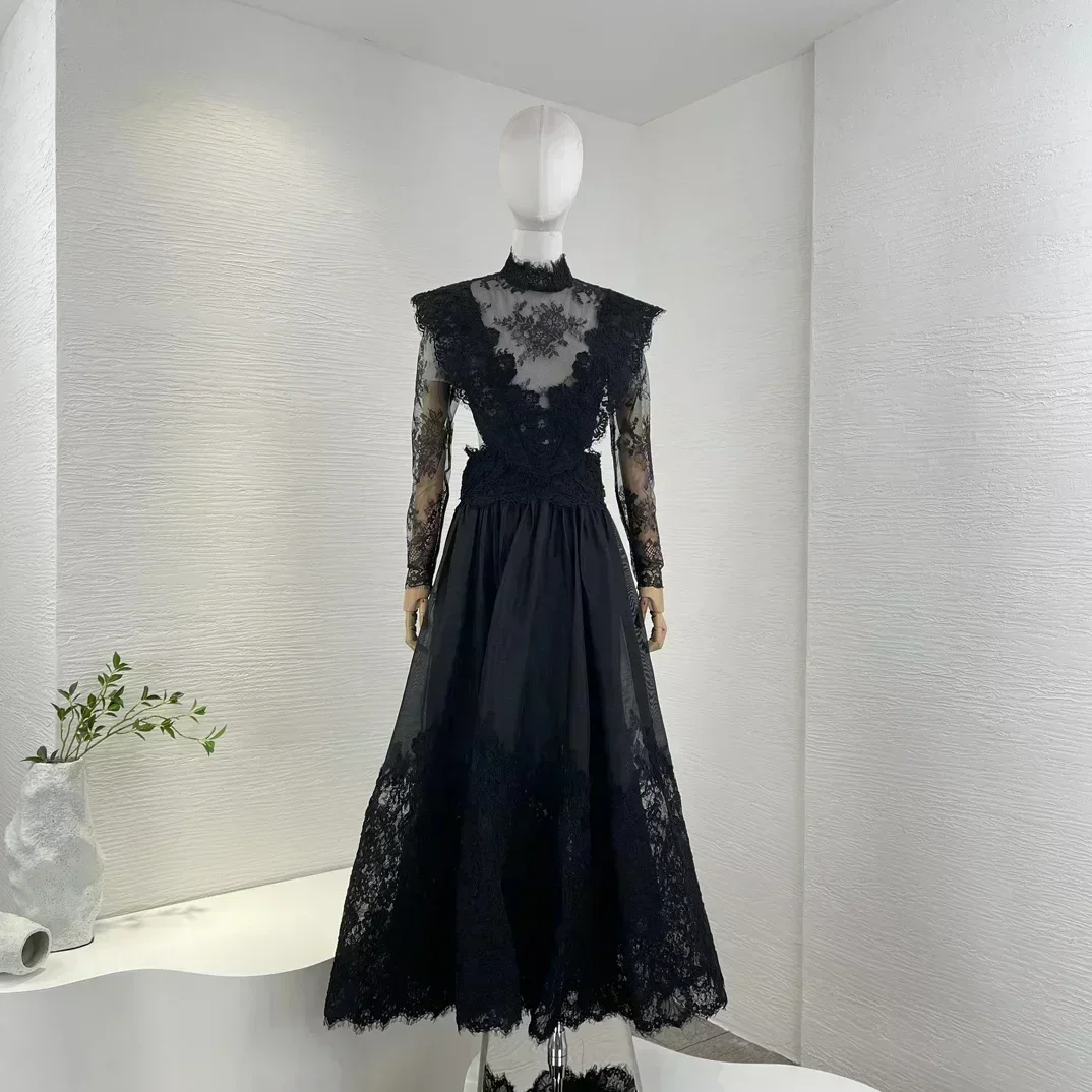 

Женское кружевное платье миди, элегантное черное лоскутное платье из шелка и льна с длинным рукавом и открытой спиной, 2023