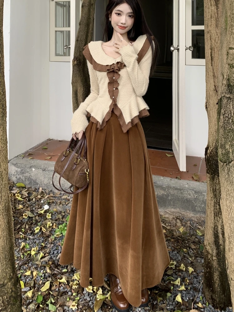 Qiukichonson Coffee Long Skirts Womens Maxi Skirt 2023 French Chic Vintage Autumn Winter High Waisted Ruffle Pleated Skirts rok korean chic vintage high waist pleated skirt women college style autumn long skirt a line solid luxury brand harajuku clothes