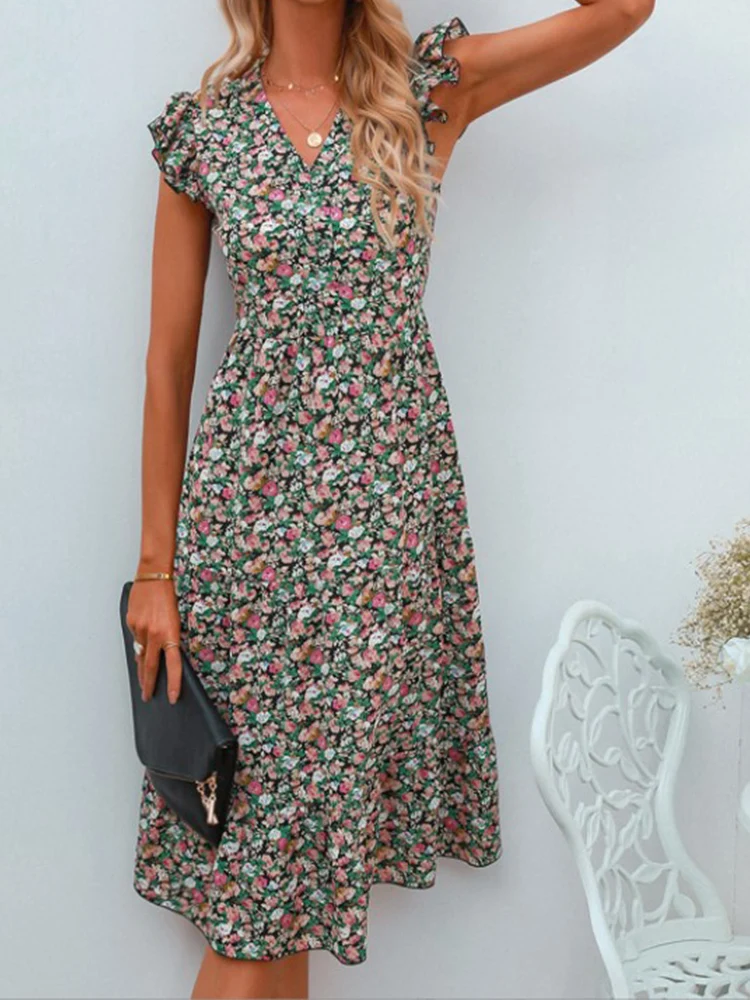 2023 Floral Print Women Summer Sleeveless V-Neck Dress – Dress Betty