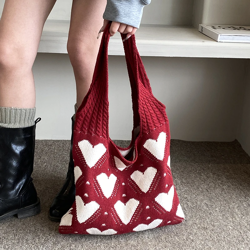 Heart Knit Women's Bag Y2K Crochet Rope Shoulder Bag Knitted Eco Bag Korean Shopping Female Knitting Handbag Hook Tote Side Bag