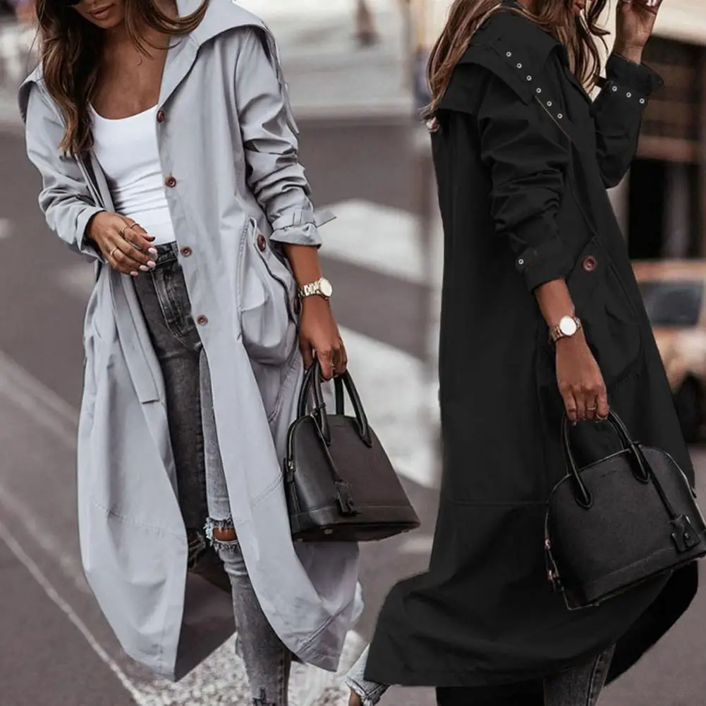 Women Coat Single-breasted Placket Long Sleeves Lapel Solid Color Buttons Cardigan Pockets Mid-calf Length Turn-down Collar Autu