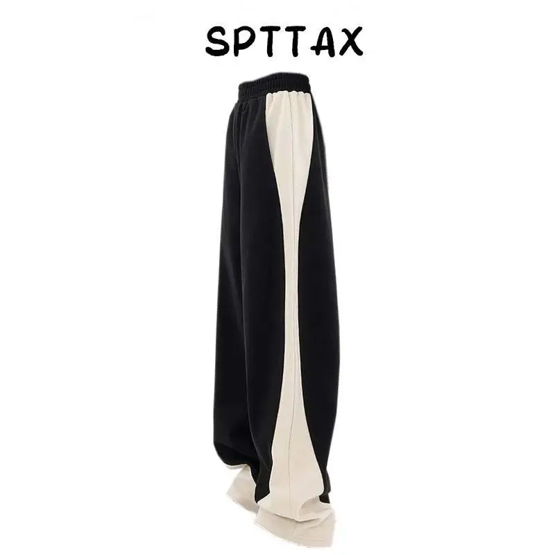 Spring Autumn Contrast Color Fashion Elastic Waist Wide Leg Trousers Women High Street Casual Loose Harajuku High Waist Pants