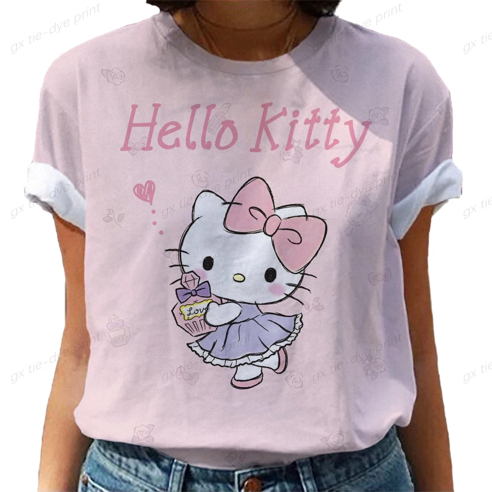 

Women's T Shirt Hello Kitty Print Harajuku Clothing Oversized Girls Pullover Summer O-Neck Short Sleeve Blouse Casual Streetwear