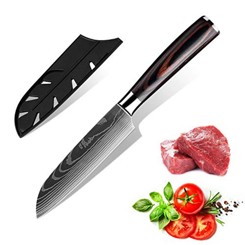 5" Japanese Kitchen Chef Santoku Knife Laser Damascus Pattern Professional Butcher Meat Cleaver Boning Fish Fruit Utility Knife