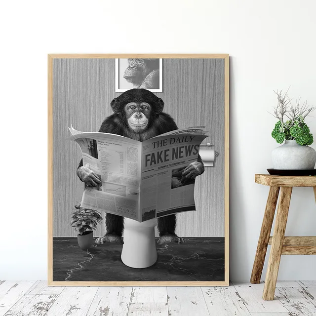 Affiche de singe drôle en noir et blanc, peinture sur toile, bain