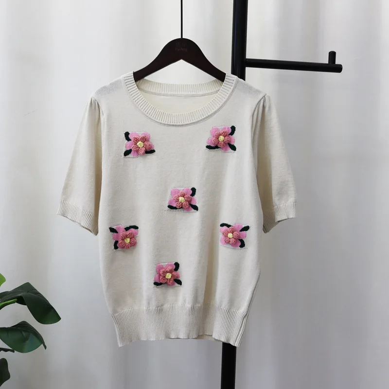 

Appliques Floral Knitted Pullovers Sweater Full Sleeves Loose Casual Lady Jumpers Tops