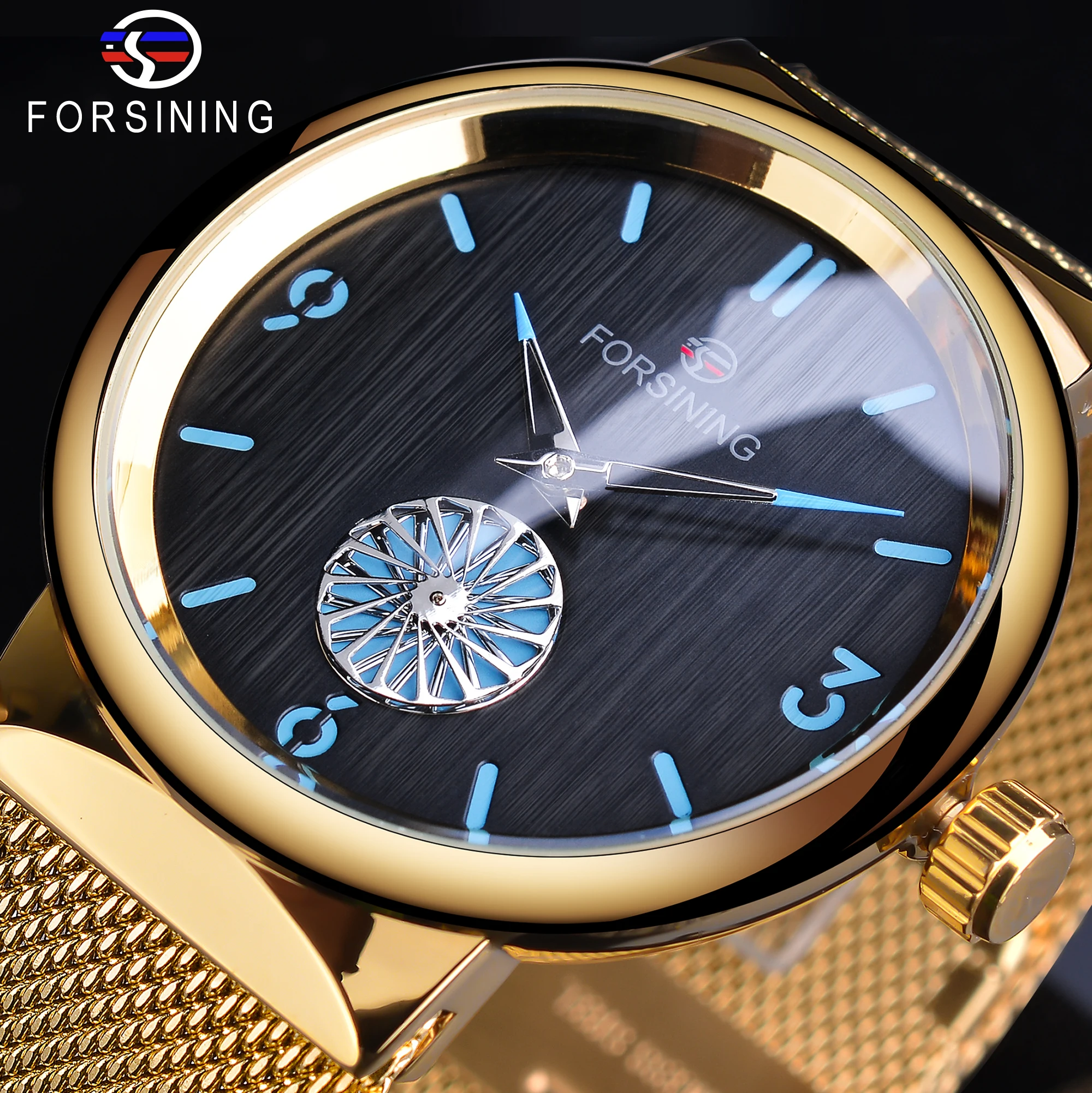 Forsining Waterproof Men's Mechanical Watches Golden Mesh Band Wristwatch Transparent Back Case Man Wrist Watch 2022 New Arrival