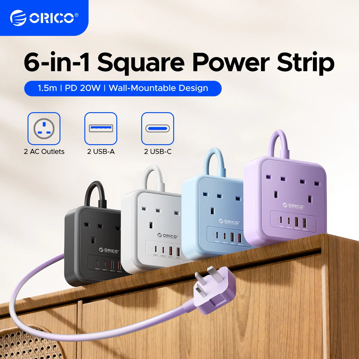 ORICO Desktop Square UK Plug Power Strip PD20W Fast Charge 1.5M Extension Power Cord 2AC Type C USB A Charging Station Adapter