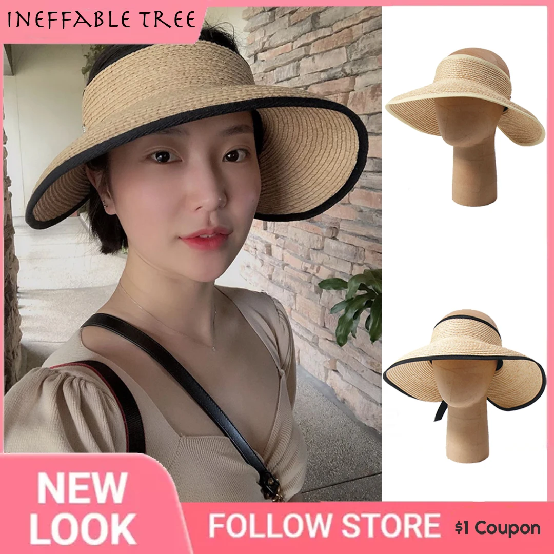 Summer Woman Raffia Sun Hats Anti-UV Female Outdoor Visor Caps Hand Made Straw Cap Casual Shade Hat Empty Top Hat Beach Gorras