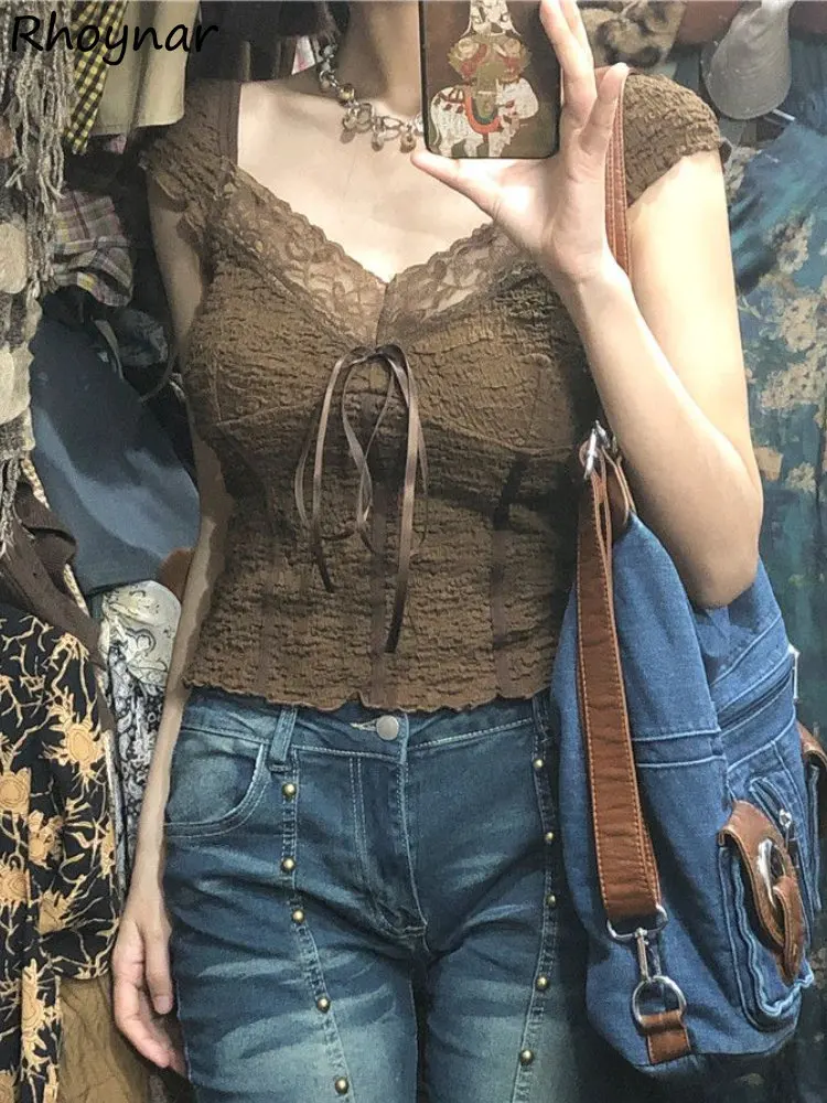 

T-shirts Women Sexy Lace Tops Summer Slim Elegant Short-sleeve Lady Leisure Retro Aesthetic Clothes V-neck Chic Popular Lace-up