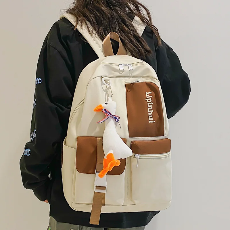 

Contrast Color Nylon Backpack Fashion Letter Printing Women Rucksack Multi-pocket Travel Bag for Teenager Schoolbag Cute Bookbag
