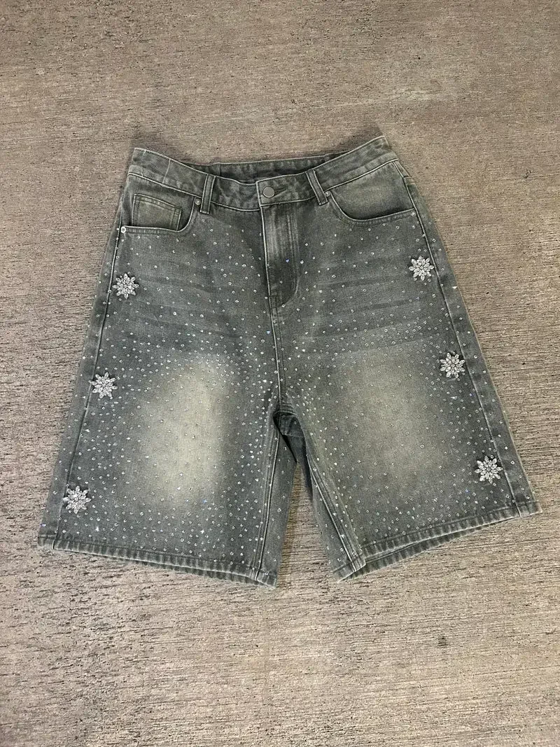 Retro rhinestone design denim shorts for men summer y2k minimalist beach bodybuilding casual couple wide leg shorts