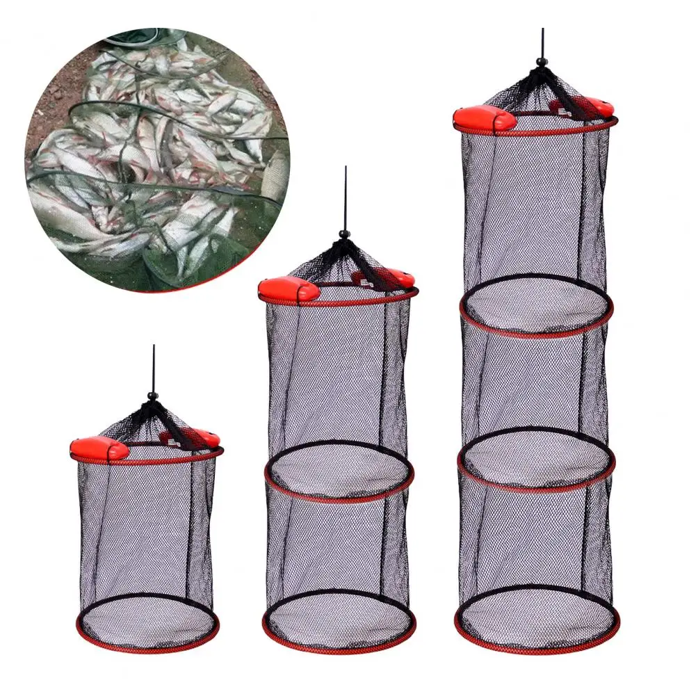 Portable Foldable Floating Fish Basket 1/2/3 Layers fishing net Live Caught Fish Storage Basket Collapsible Heavy Duty Nylon Mesh Fishing Ke