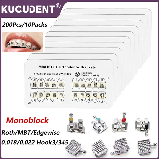 10Packs Dental Orthodontics Metal Brackets for Teeth Braces MIM Monoblock Mini Roth MBT Edgewise 0.018/0.022 Solt 3/3 4 5 Hooks