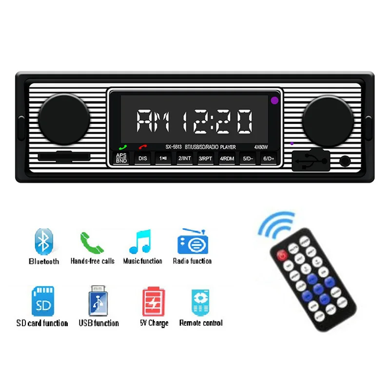 Bluetooth Car Radio Vintage Dual Knob MP3 Player FM Tuner Stereo USB