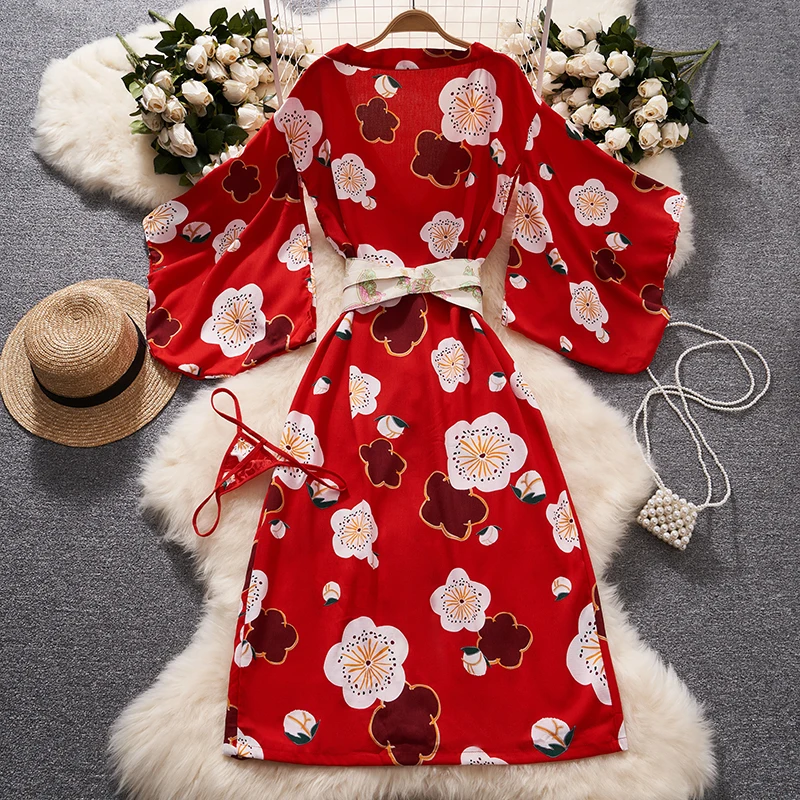 V-neck Red Japanese kimono Cardigan Outfit Women Clothing Print  See-through Lace-up Dress Sexy Lingerie Thin Tunic Loose Sleeve