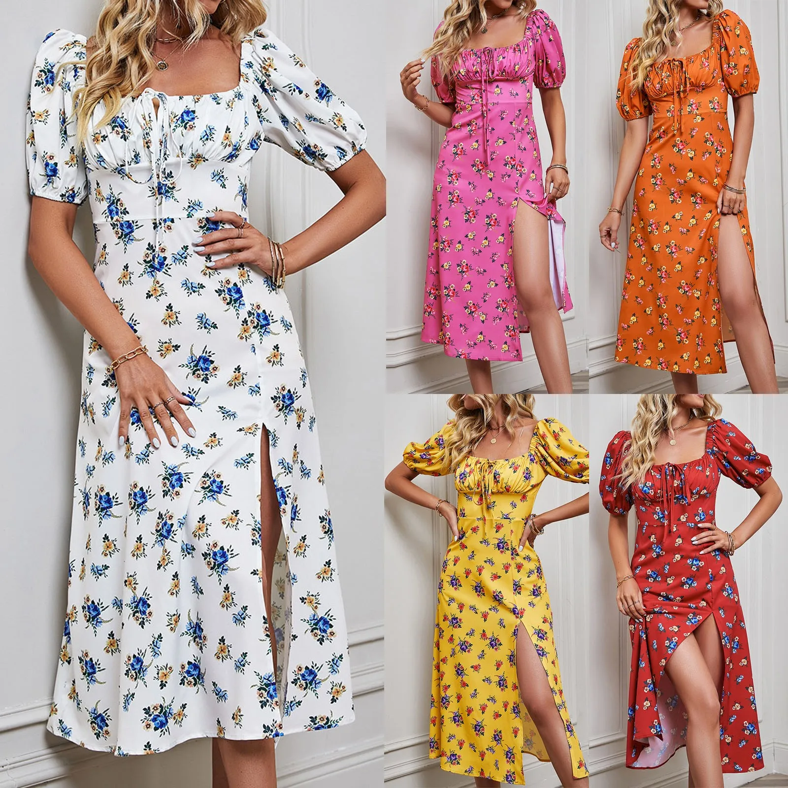 

Floral Print Dress Sweet Square Neck Puff Sleeve Summer 2023 Fashion Maxi Dresses For Women Party Casual Outfits Vestidos