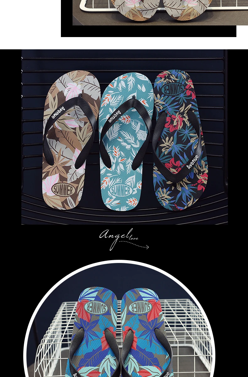 Hawaii Print Slippers Men Flip Flops Beach Sandals Non-Slip Flat Shoes Casual Slipper Indoor House Shoes for Men Outdoor Slides