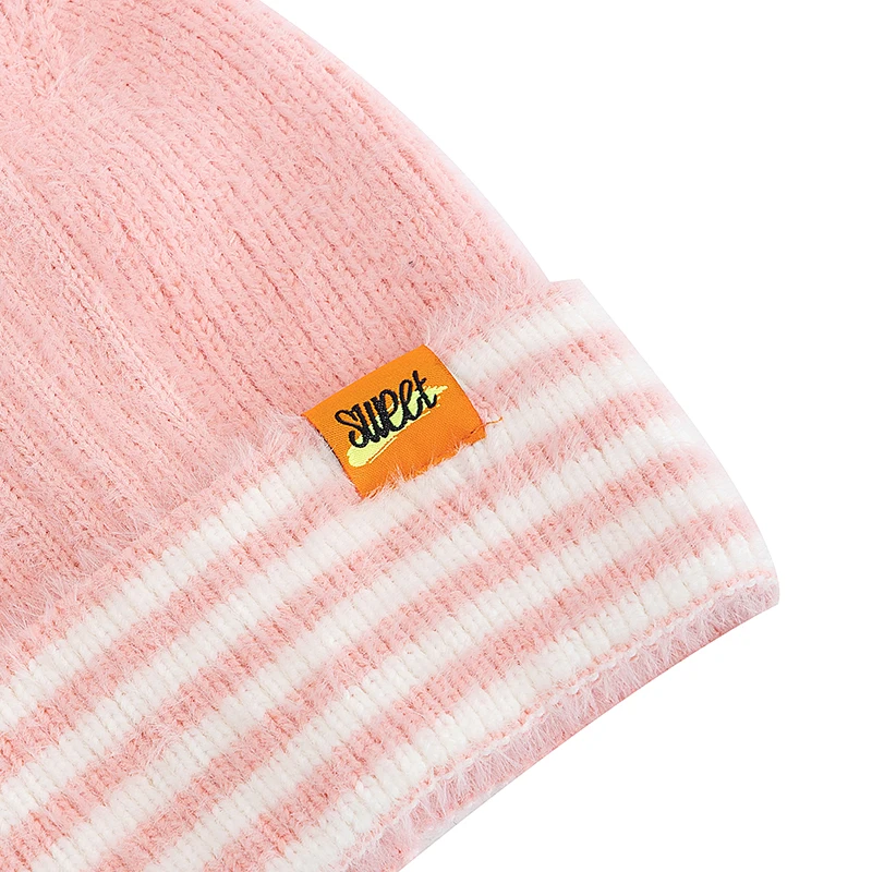 New Cat Ear Y2K Beanie Hat Sweet Label Winter Hats For Women Candy Colors Stripes Soft Warm Cap
