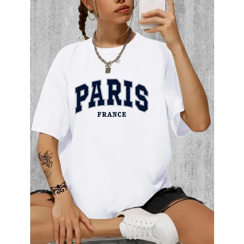 여성용 파리 프린트 티셔츠, 통기성 면 라운드넥 반팔 티셔츠, 캐주얼 스포츠 상의, 레트로 패턴 의류, 여름 